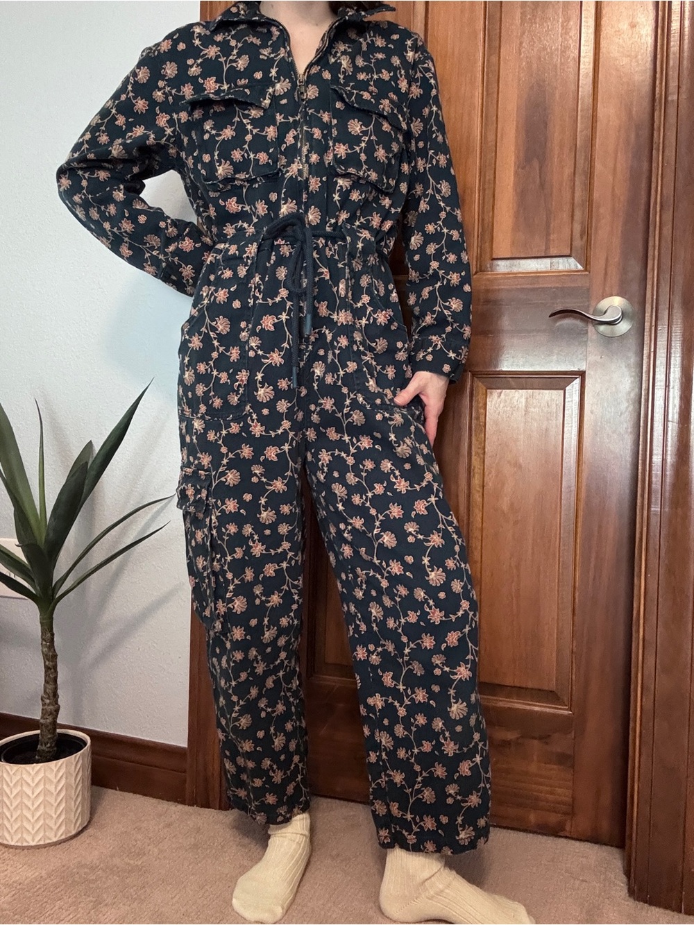 Floral Long-Sleeve Utility Jumpsuit in Black with Pink Print